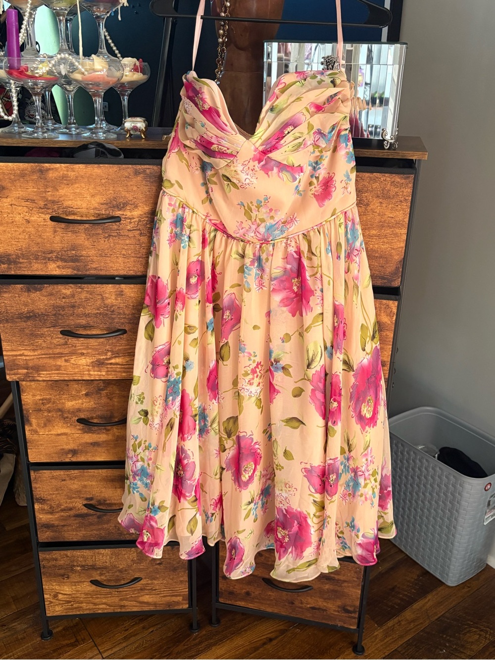 Unique Vintage Pink and Cream Strapless Floral Fit-and-Flare Dress